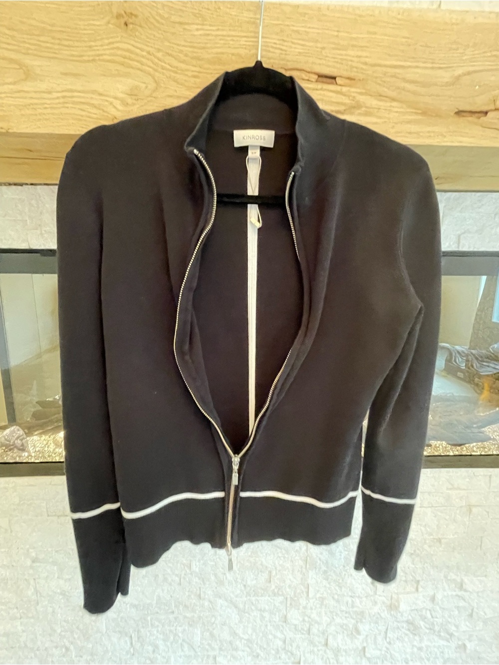 Kinross Black Sweater Jacket with Cream Contrast Trim